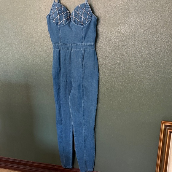 Denim rhinestone Spaghetti Strap Western Jumpsuit with Beaded Detail 😍 - Picture 3 of 11